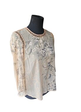 Meadow Rue Anthropologie Sheer Lace Trim Blouse Cream/blush Boho Romantic Size S